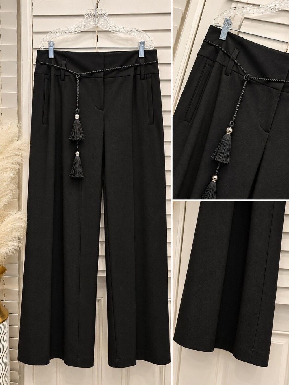 Bisou Bisou Black Wide-Leg Pants with Tassel Rope Belt